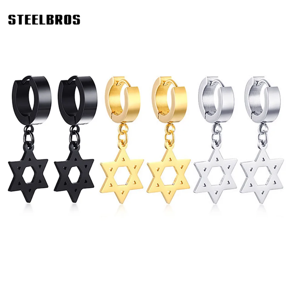 Steelbros 2025 čierna strieborná zlatá farba z nehrdzavejúcej ocele hviezda Davida Hoop Dangle Dangring náušnice Men Izrael Judaism šperky