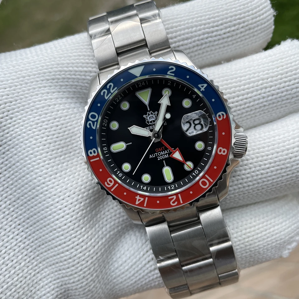 Steeldive Men Automatické hodinky 42 mm GMT Sport Mechanické náramky potápač 20ATM Vodotesný svetelný svetelný zafírový rámec NH34 Luxus