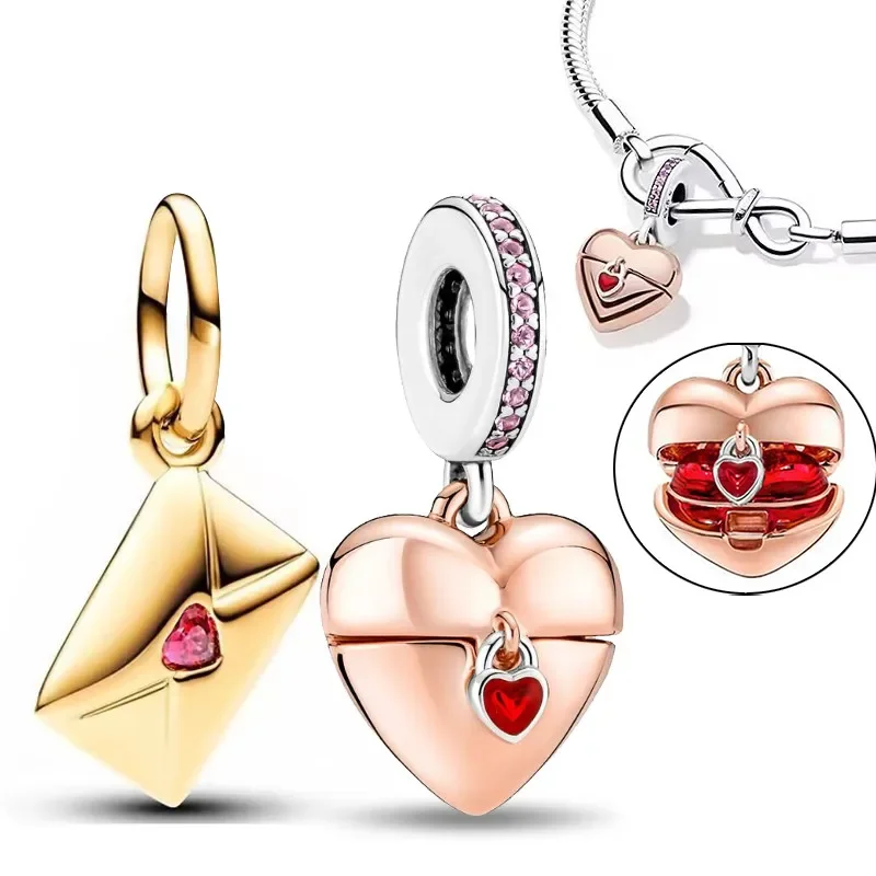 Sterling Silver 925 Srdce Envelope Gold Charms Fit Fit Original Pandora náramok prívesok pre ženy