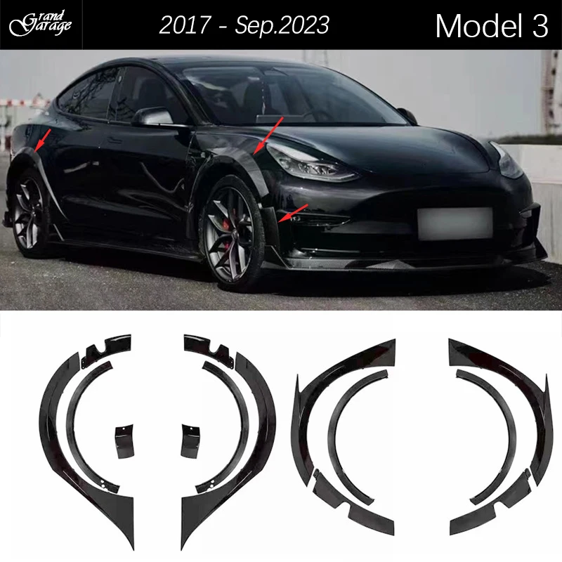 Stick -On High Gloss Dokončené širokodelné oblúky kolies predné a zadné rozšírené fenderové pásové orezávanie pre Tesla Model 3 2017 - sep. 2023