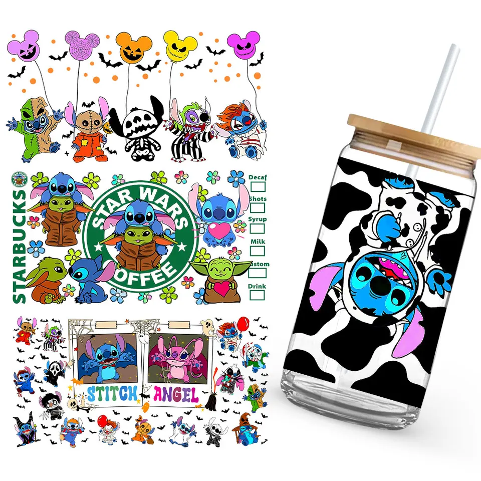 Stitch Halloween Coffee Horror Souvenír Cup Sticker UV DTF Self-pasívny pôvodný šálka ozdoby