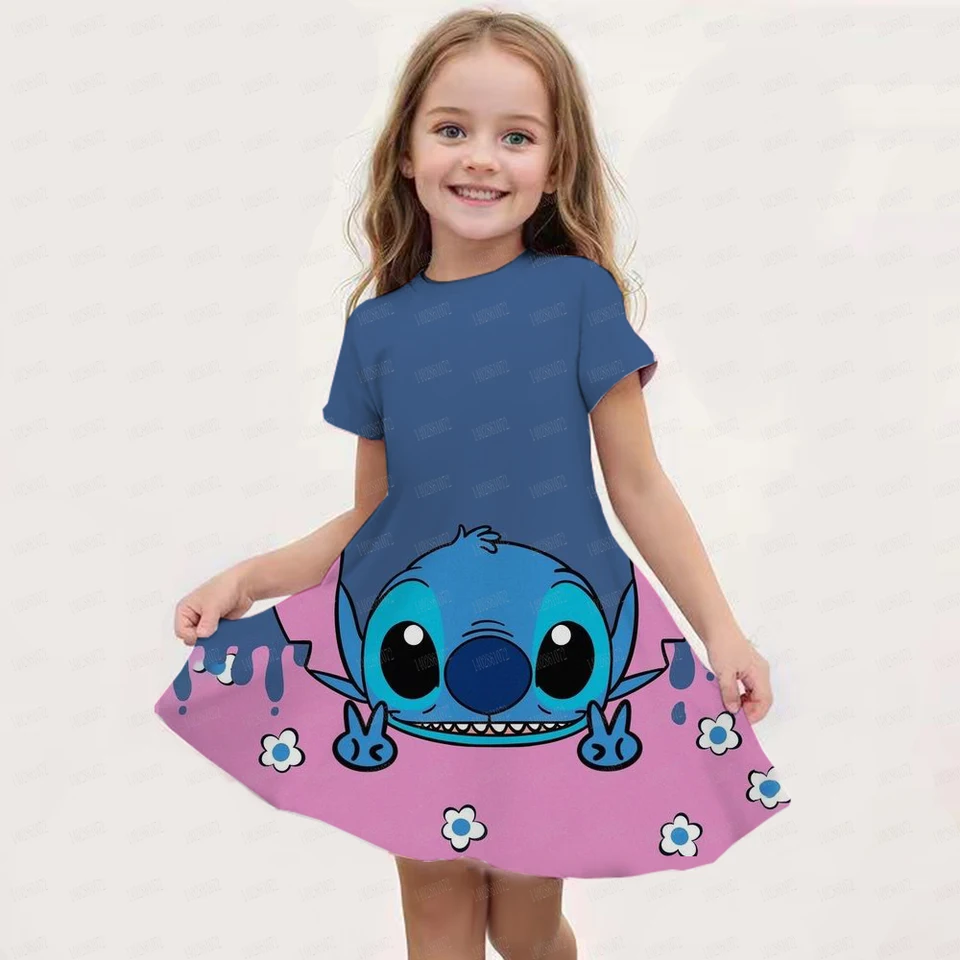 Stitch letné dievčatá sukňa s krátkymi rukávmi 3D tlačená karikatúra princezná roztomilá detská módna mnso večierok Trend oblečenie
