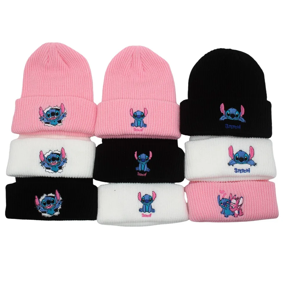 Stitch pletená klobúk karikatúra vyšívaná čiapka Benie roztomilý unisex teplé pružné klobúky vianočné klobúky pre dospelých detí vonkajšie čiapky