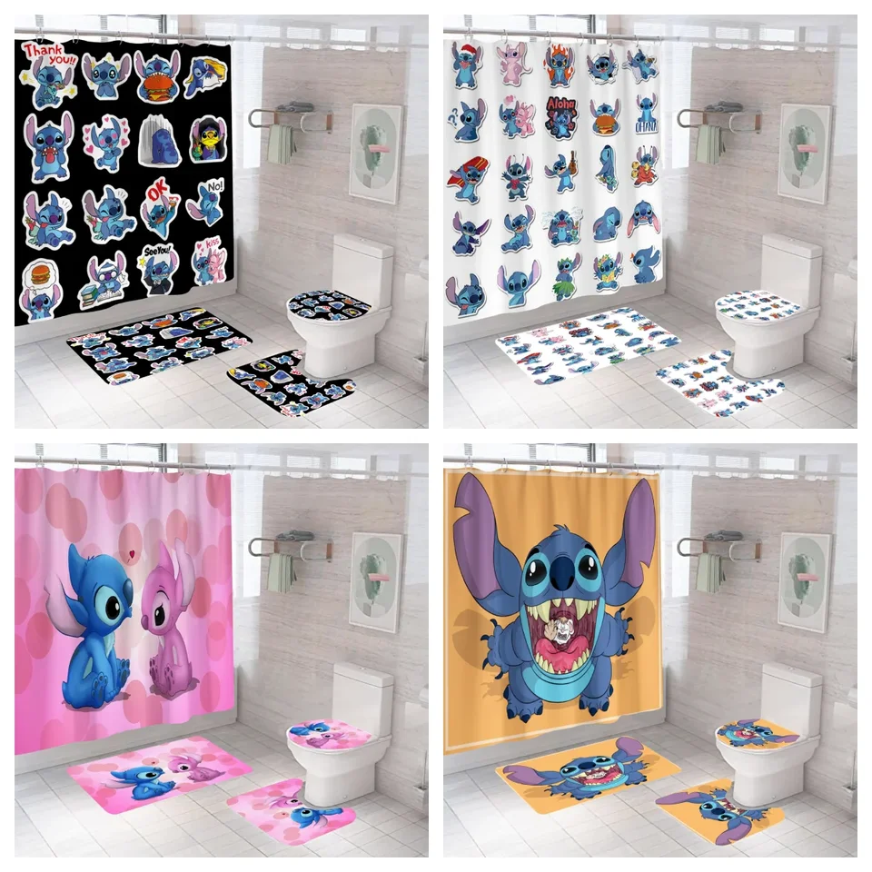 Stitch sprchový záves štvorpustný súprava lilo a steh kúpeľňa tlače voda proti sprchovému záclonu koberec u v tvare podložky v tvare