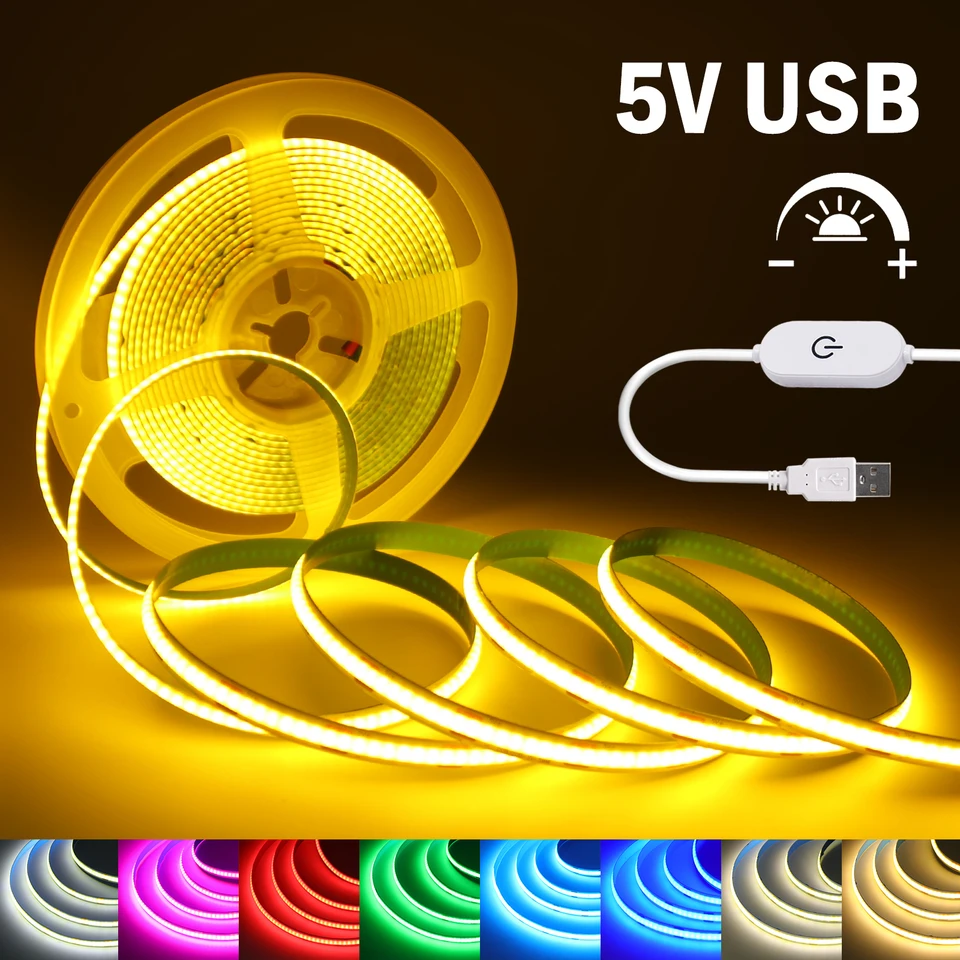 Stlmiteľné COB LED svetlá Strip USB 5V 320LEDS Flexibilná páska páska biela červená modrá ružová ľadová modrá izba dekor DIY TV podsvietenie