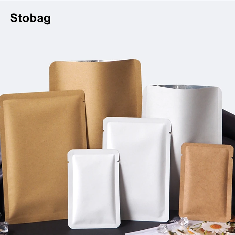Stobag 100ks kraft papier biele balenie vreciek na balenie zapečatené malé hliníkové fólie hrubé úložisko pre čajové fazule orechové vrecká na občerstvenie