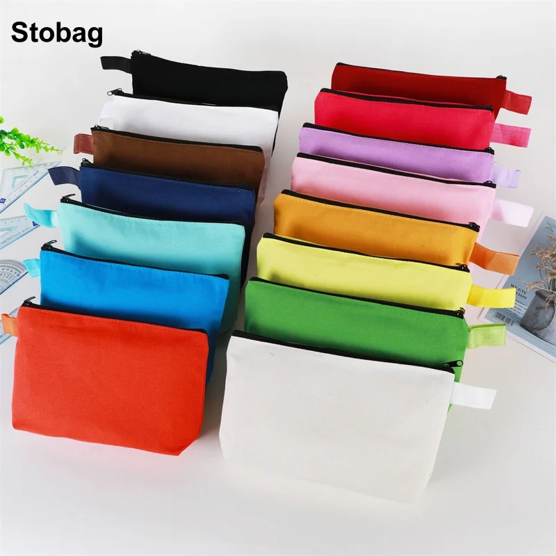 Stobag 10ks farebné plátno tašku s zipsom ceruzka Coent Cotton Stationsery Kozmetické balenie úložného priestoru make -up kabelka vrecká