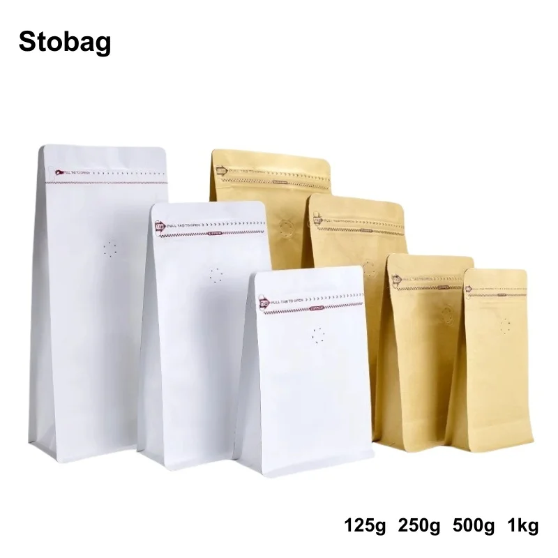 Stobag 50ks kraft papier biele kávové zrná balenie s/bez ventilu zapečateného pre potravinové práškové čajové orechy Skladovacie vrecká