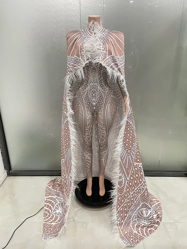 Stock Drag Queen Singer Stage Wear Tlack Stretch Tropsurd Sbecksuit Feather Cloak Outfit Birthday Dancer Modely Cowalk kostým kostým