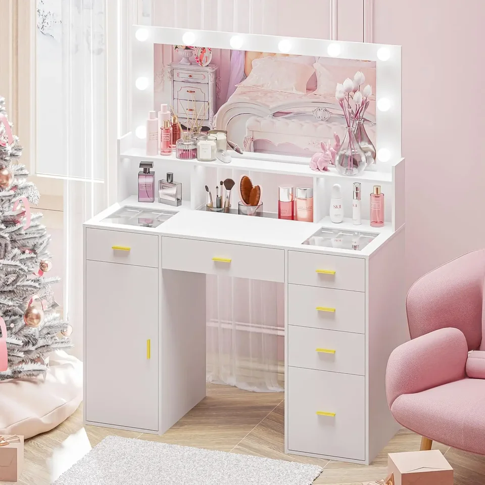 Stolný stôl v skla s veľkým osvetleným zrkadlom veľké make -up márnosť so 6 zásuvkami skrinkou 3 osvetľovacie farby make -up márne s