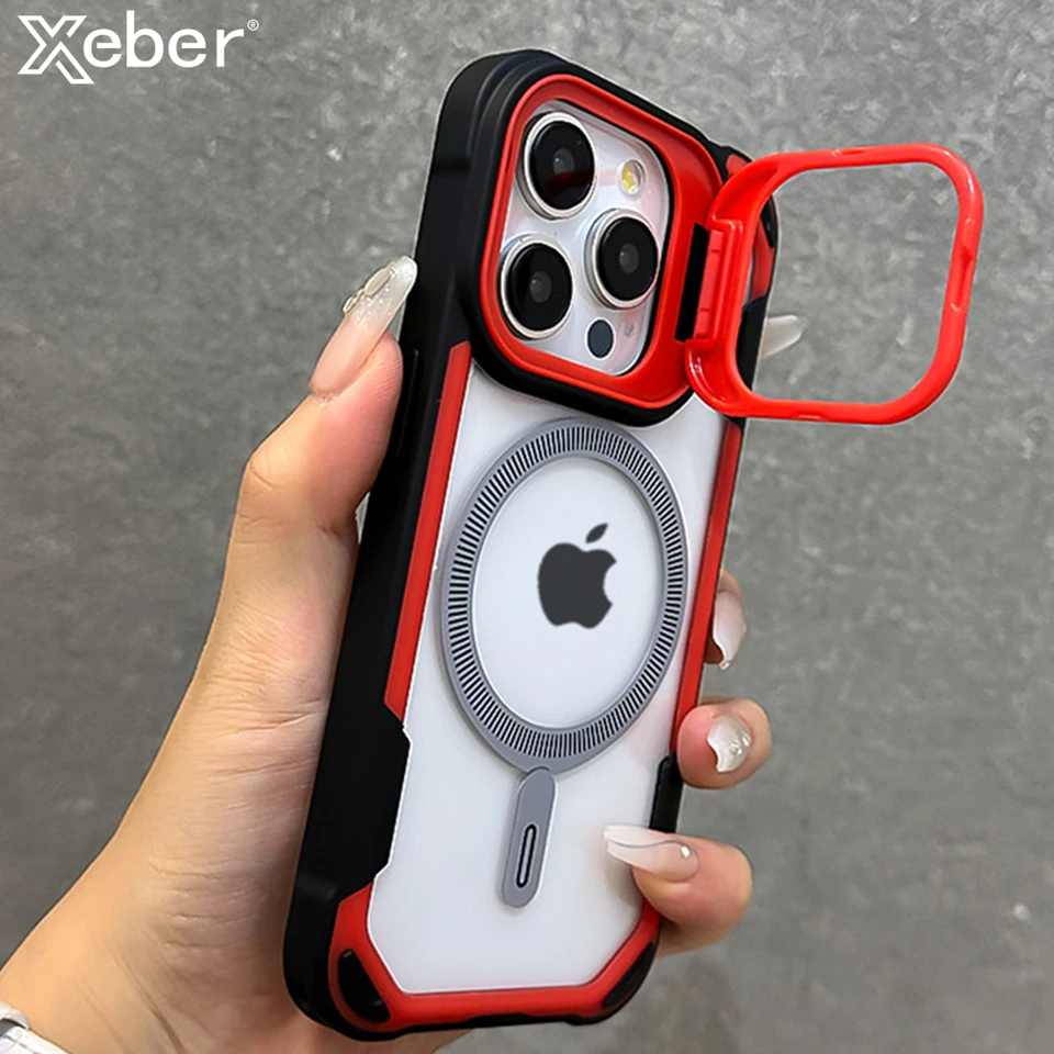 Stramproof Armor Stand Lens Ochrana puzdro pre iPhone 16 15 14 13 12 11 Pro Max Plus pre magnetický bezdrôtový kryt Magsafe