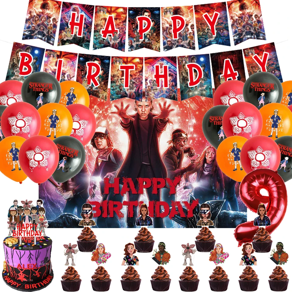 Strangerr & Things Téma Lights Lights Red Balón Cake Topper Banner Set Lights Birthday Party Dekorácia Darčekový banner prop