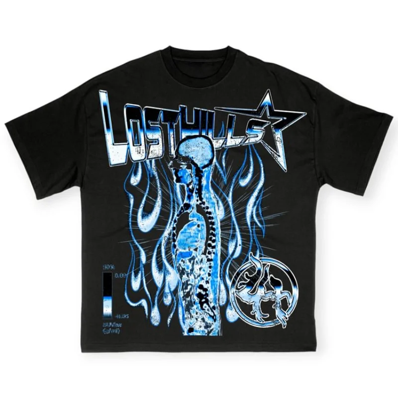 Stratené v kopcoch x Youngboy Abstrakt ľudského plameňa Grafika bavlnené tričko Men y2k vintage nadmerné tričko Streetwear Dámske vrcholy