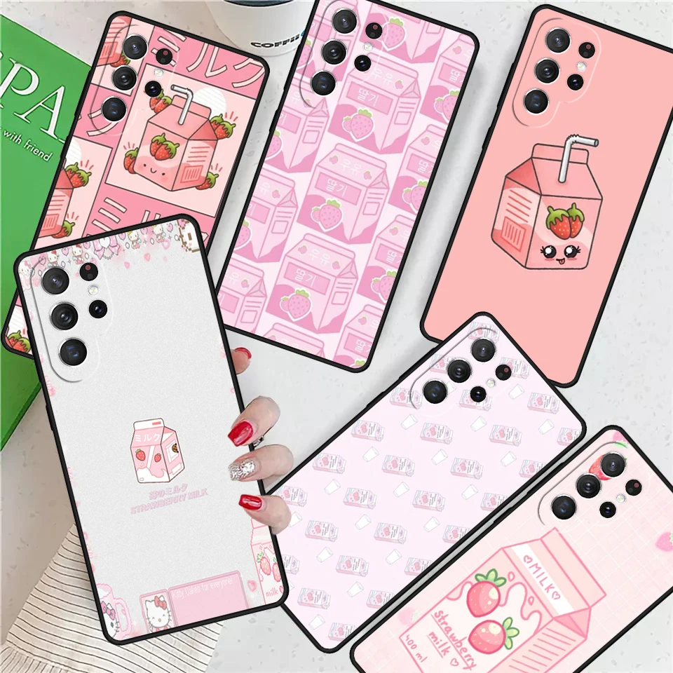 Strawberry mlieko Kawaii pre Samsung Galaxy S24 Ultra S21 S22 S8 S9 S10E Poznámka 10 20 Plus Fe S23 Puzdro telefónu Coque Coque