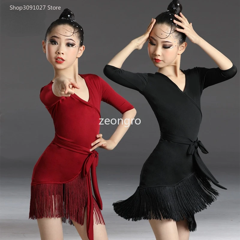 Stredné rukávy čipky sviatok Mordern tanečné šaty pre deti sexy salsa tango sukňa Deti latinské tanečné šaty pre dievčatá