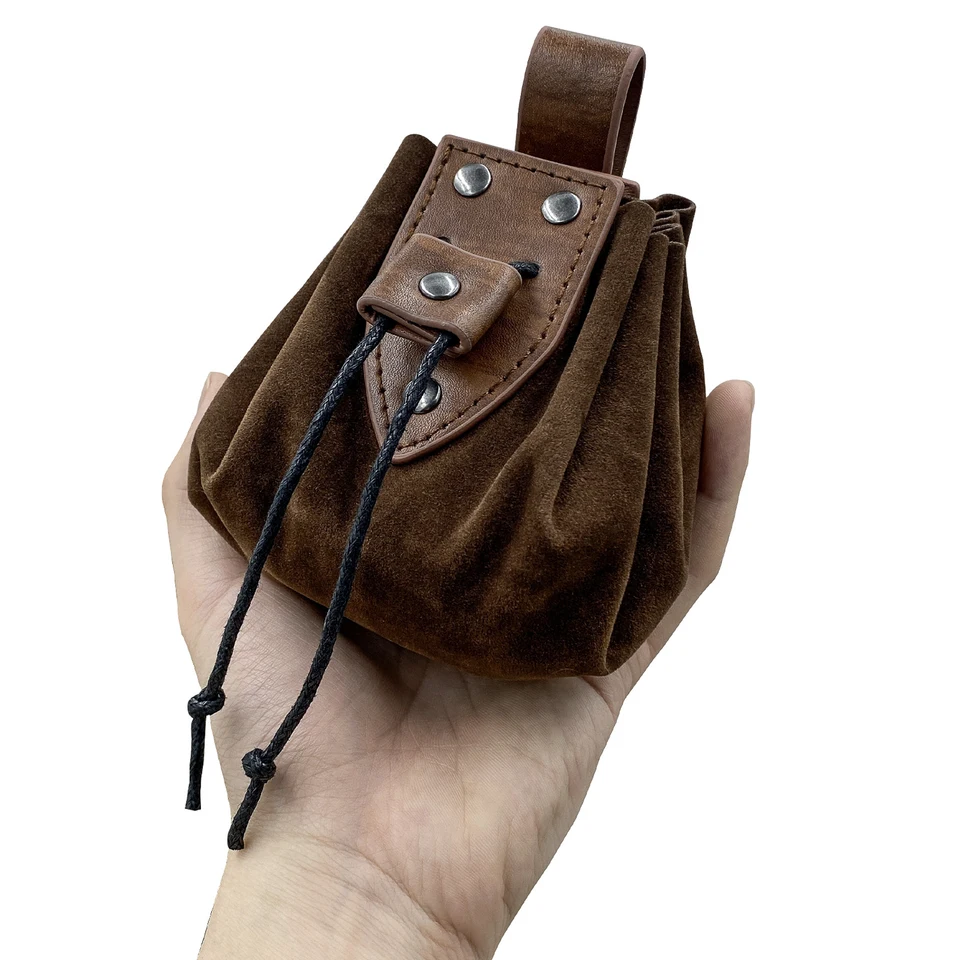 Stredoveké faux kožené šnúrkové puzdro Retro severské prenosné mince kabelka vintage pásový vrecko kock