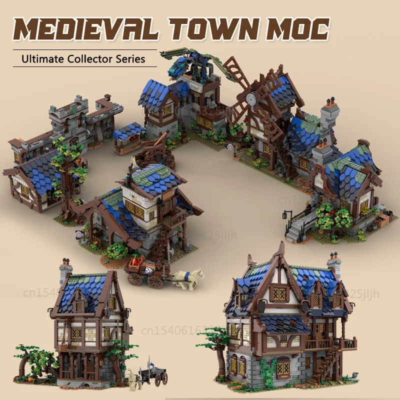Stredoveké mesto MOC stavebné bloky mestského trhu House Architektúra Watermill Technológia tehly zobrazuje model tvorivých hračiek darčeky