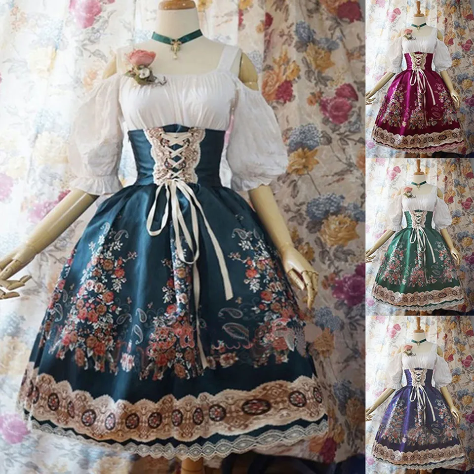Stredoveké retro šaty pre ženy plus letné dámske dámske leto Lolita Slim Fit Dress Performance sukňa Disfraz Halloween