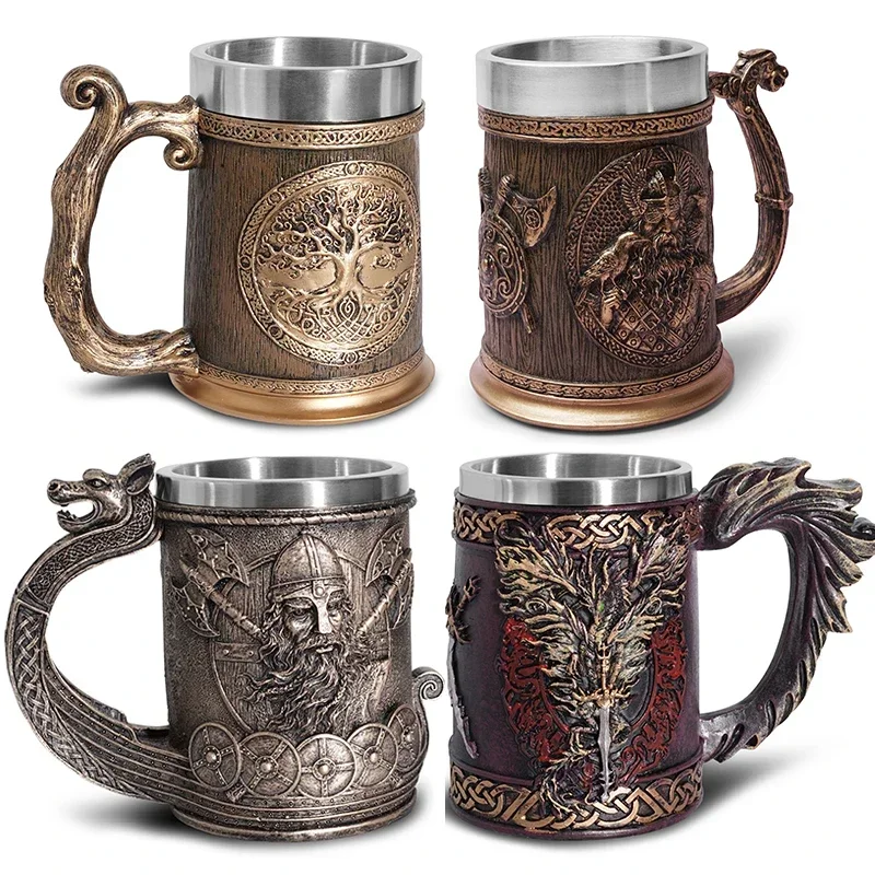 Stredoveké runy Pivo hrnčeky kávové šálky Viking pirát drak hlava 3D živici a nehrdzavejúca oceľ Tankard vianočné fanúšikovia darčeky Muži