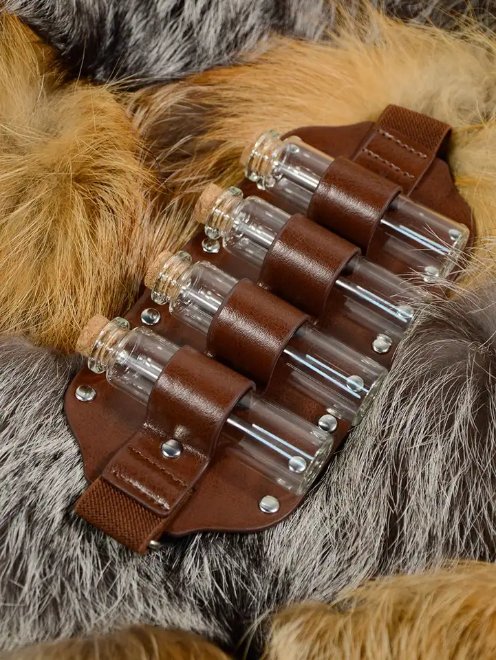 Stredoveké steampunk alchymista nastaviteľný PU kožené nohavičky podväzok s malými držiakmi fľaše Larp ApotheCary Coaplay Costy Props
