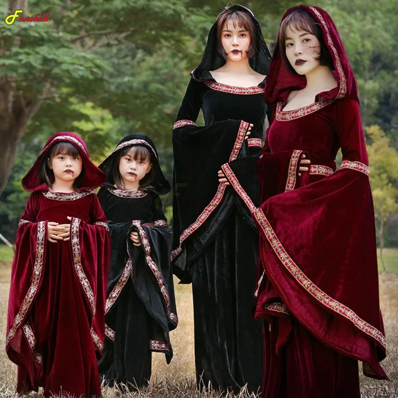 Stredoveké viktoriánske šaty pre ženy parné pamiatky s rukávmi čarodejnícka rúcho cosplay gotický kostým víno červená kapucňa dlhé šaty Vestidos