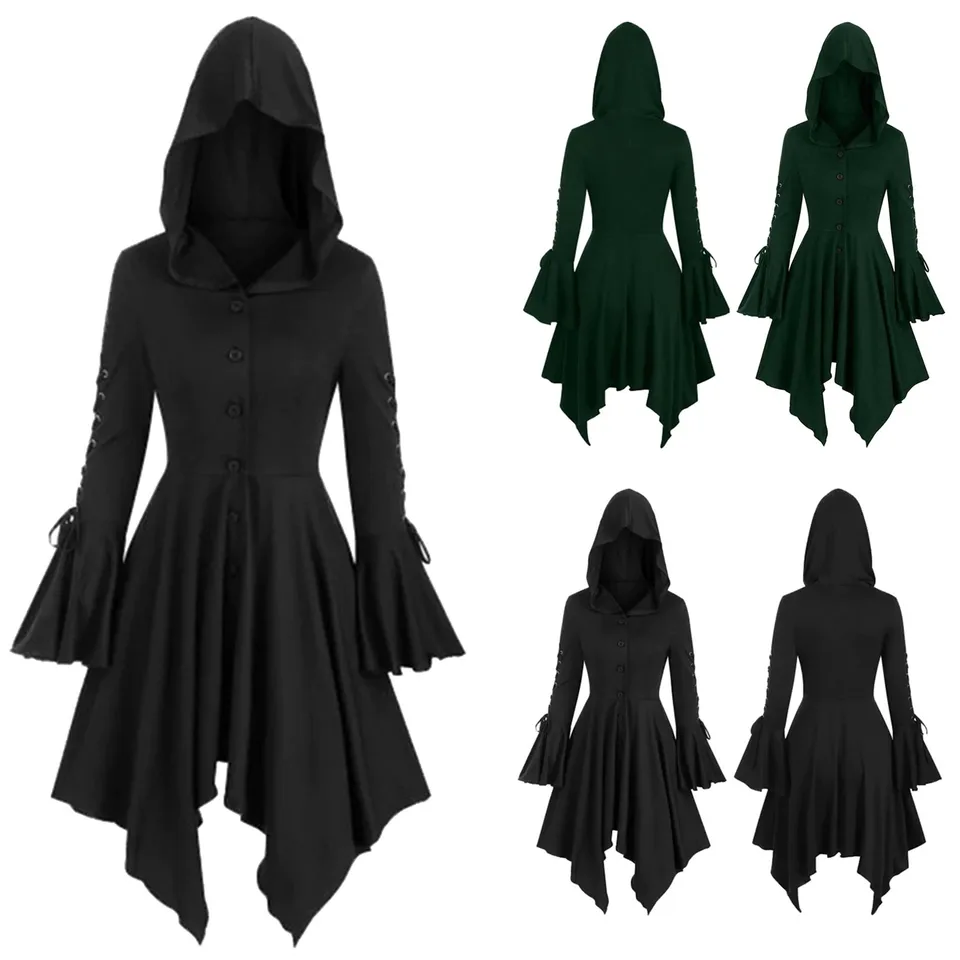 Stredoveké vinobranie kostýmy cosplay gotické ženy šaty čarodejnícke stredoveky renesančný čierny plášť oblečenie nepravidelné šaty s kapucňou