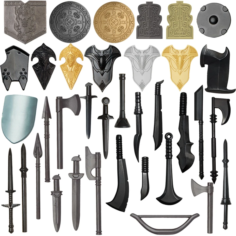 Stredoveké zbrane príslušenstvo stavebný blok vojak figurín Spartan Warrior Shield Knife Orc Ax King Sword Axe Broadsword Brick Toy