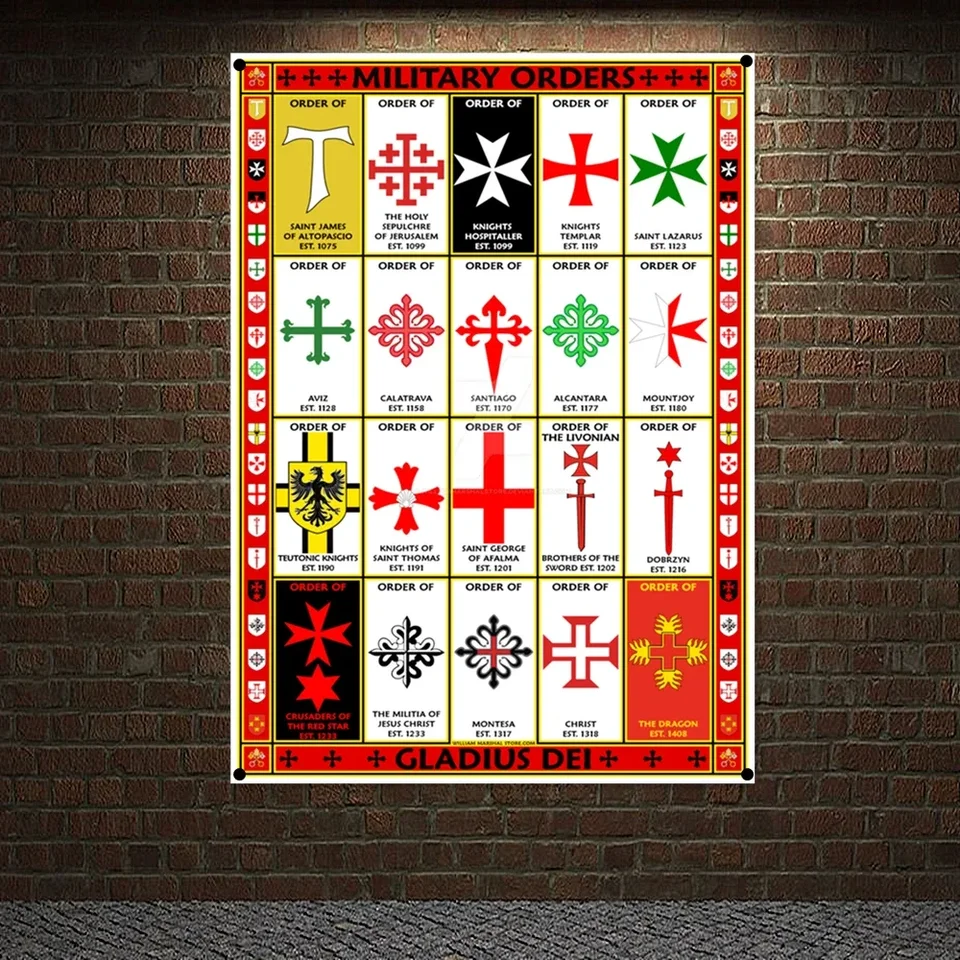 Stredovekí rytieri z Krista History Banner Banner stena umenie Vintage rytier templár Wall zavesenie vojenských rádov krížové výpravy maľba