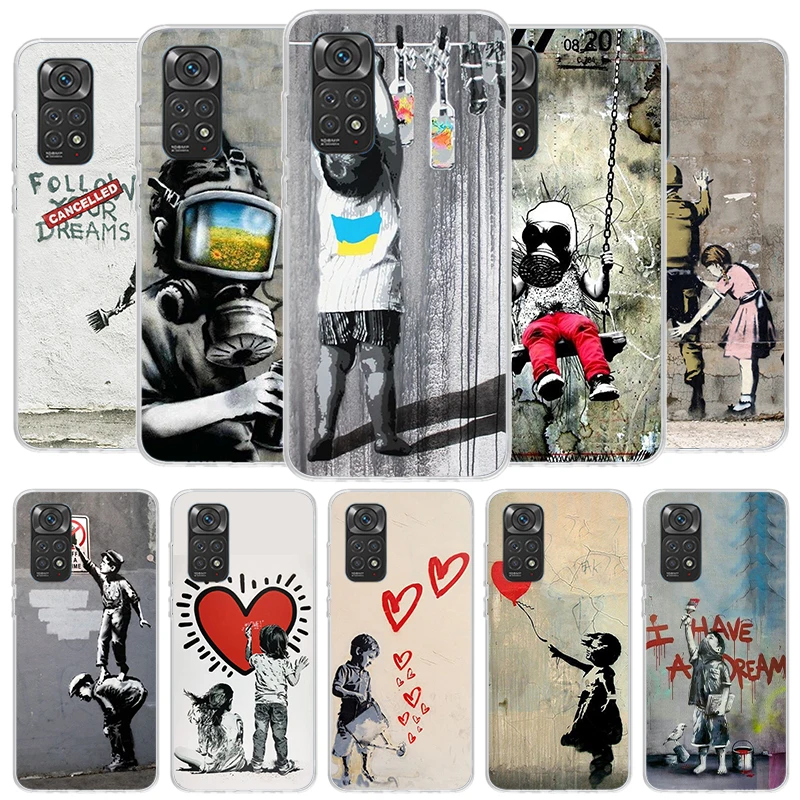 Street Art Banksy Graffiti Cover Puzdro pre telefón pre Xiaomi Redmi Note 13 12 11 10 Pro Plus 12s 11T 11T 10S 9 9S 8 8T 7 Soft