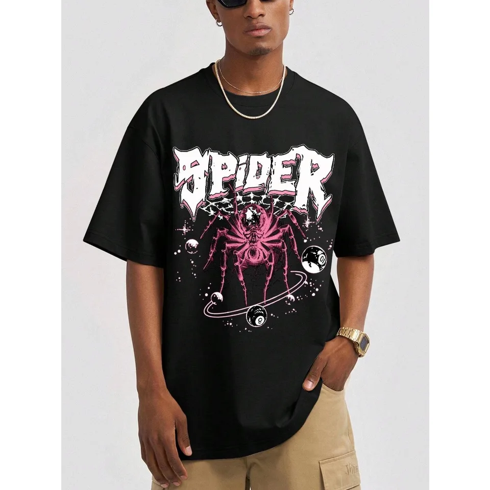 Street Life Men Letter Spider Print Y2k T-Shirt for Halloween Hip Hop High Quality Sports Casual Short Sleeve Harajuku