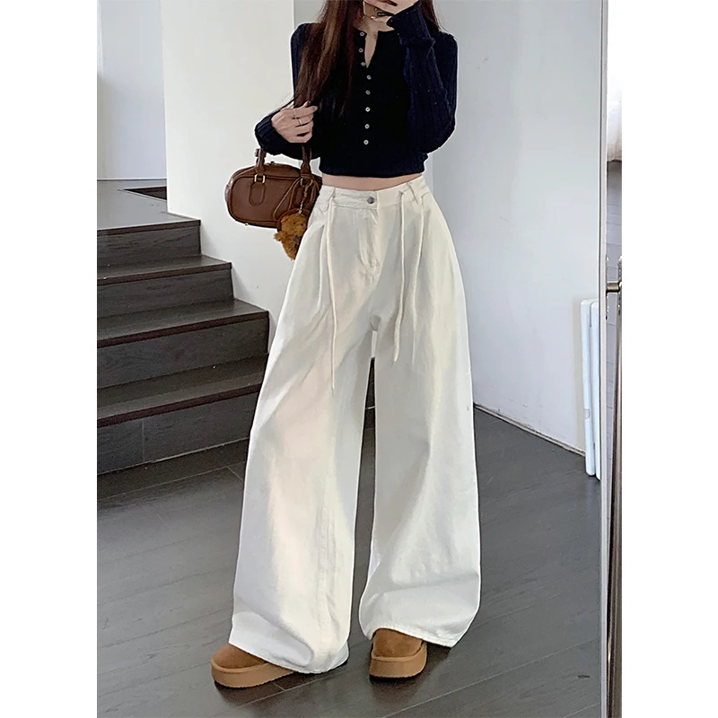 Streetwear biele džínsy Ženy harajuku naťahovanie široké džínsové nohavice Kórejské módy Vysoké pásové vrecká vrecká s priamymi nohavicami