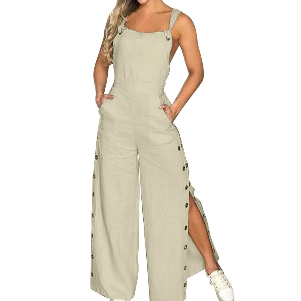 Streetwear Button Up One Puss Shipsuit Dámy Slim Fit Tasce Linen Finen Pants Celkovo Solid Romper One Diecks Outfit oblečenie