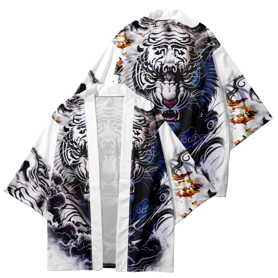 Streetwear Cardigan White Tiger Print Tlač košele oblečenie Haori Kimono Ženy Muži Harajuku Japonská pláž Yukata Top