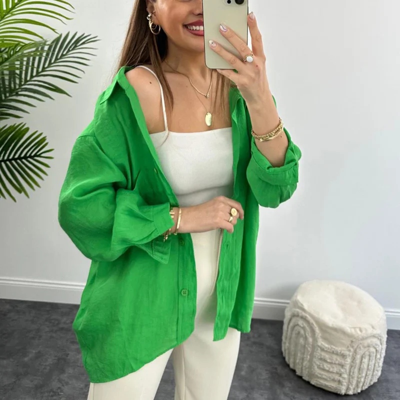 Streetwear Dámske tričko s dlhým rukávom a blúzka nadmerne nadmerne zelené letné letné topy jednoduché košele Office camisas y blusas
