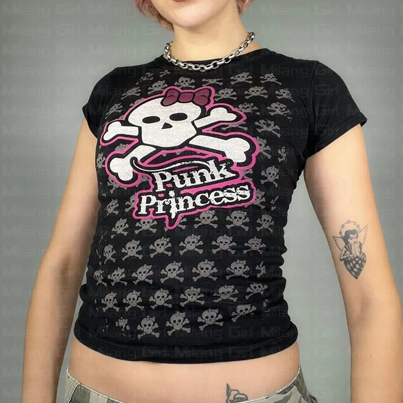 Streetwear estetické grunge baby Tee vinobranie dámske lebky lebka Príležitostné tričko s krátkym rukávom Y2K oblečenie gothic emo girl plodina top
