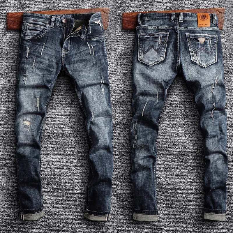 Streetwear Fashion Men Džínsy retro čierne modré elastické štíhle roztrhané rifle Men nohavice Vintage Designer Casy Denim Pants Hombre
