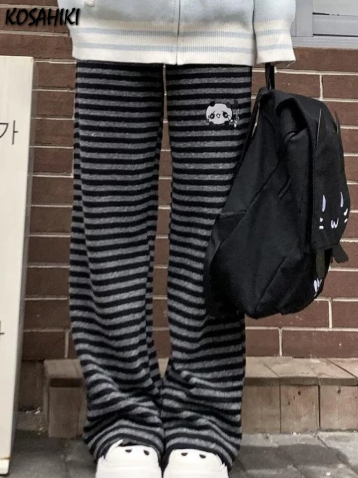 Streetwear harajuku pruhové nohavice široké nohavice y2k kawaii panda výšivky rovné nohavice voľné vintage ležérne pantalony ženy