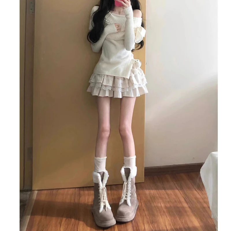 Streetwear Harajuku sladký lomík na krk Strana rozdelený sveter Japonsko Patchwork Lace A-line sukne Y2K Punk Girl Dve kusové súpravy
