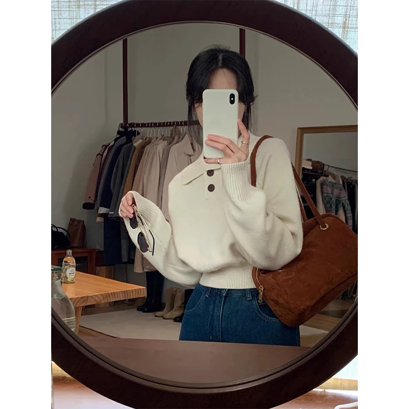 Streetwear orezaný sveter Ženy Vintage pletené pullovy zimné dlhé rukávy pletene dám