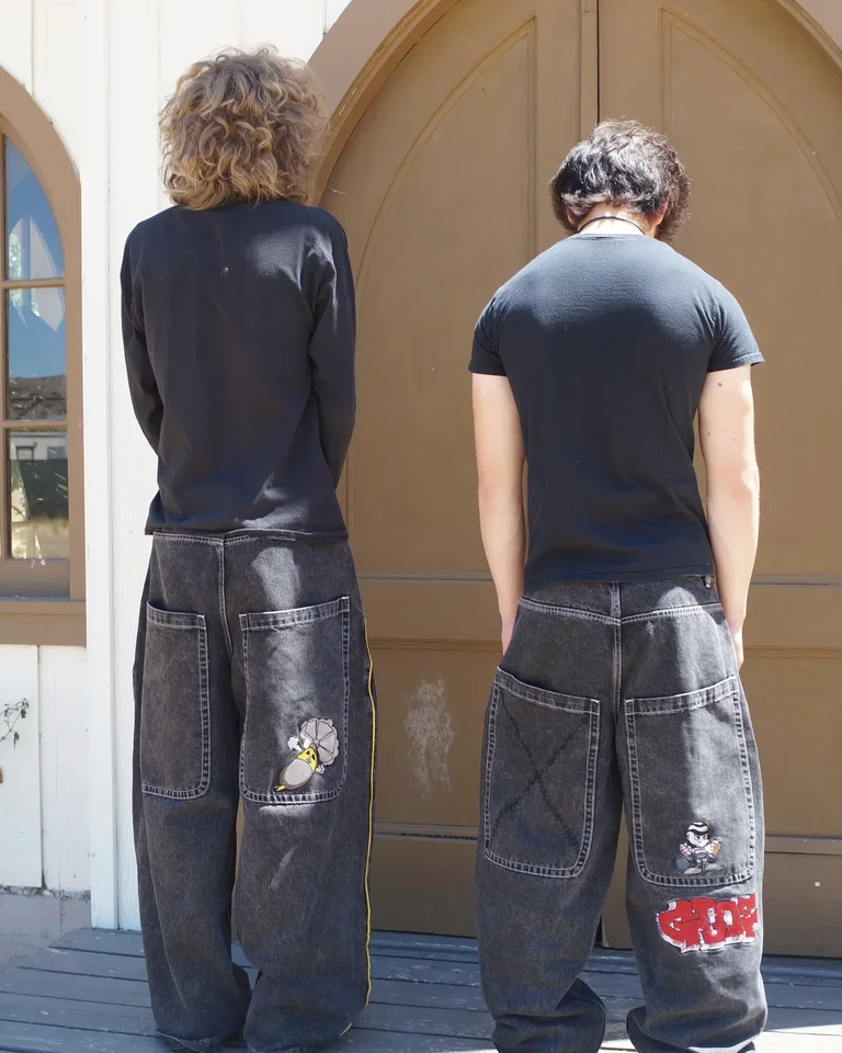 Streetwear veľké vreckové džínsy y2k nohavice pánske hip hip hop karikatúry vyšívacie čierne nohavice s nízkym páovým nohavicami