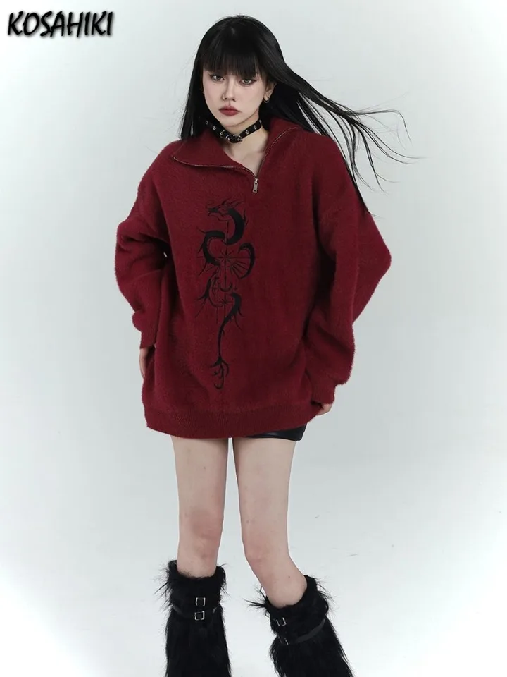 Streetwear červené zips grunge svetre y2k estetické voľné príležitostné vinobranie tlačiarenské pulVery ženy nadmerne nadmerne harajuku skokany