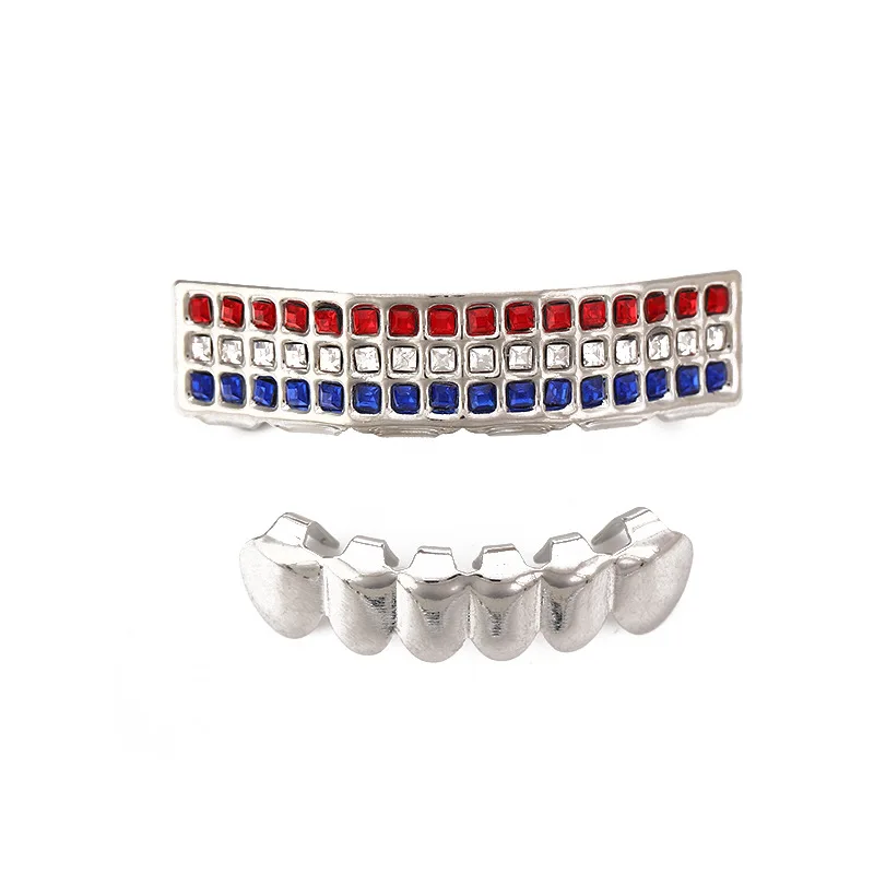 Strieborná farba grillz viacfarebná micro dlažba cz bling kubická zirkónia horná a spodná zuby grily hip hopové mriežky