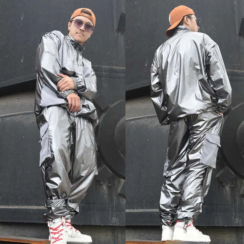 Strieborná hip hopová sada dospelých jazz Street Dance Suit Kpop Rap Performance Performance Cool Boys Dancer Wear Bund Pants Mana Vdl917