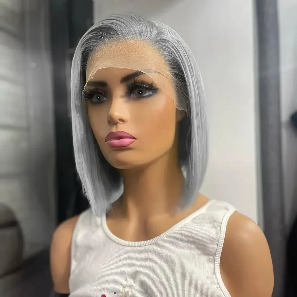 Strieborná šedá krátka bobová parochňa Parochňa ľudské vlasy 13x4 čipky čelné parochne vopred vytrhnuté ombre farebné brazílske švajčiarske čipky zatvorené pre ženy