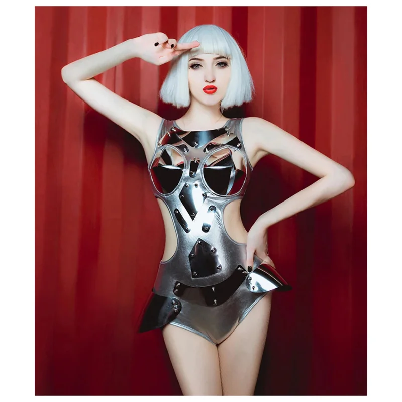 Strieborné bodyit žien sexy tanečný kostým DJ DS SHYCSUIT BUDÚCE TECHNOLÓGIA Show Predvádzanie nosenia pólov Dance Gogo Dancer Outfits