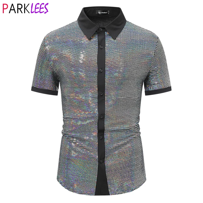 Strieborné flitry oslnivé pánske košele 2024 Úplne nové košele s krátkym rukávom Party Men Cast Nightclub Party Chemise Homme XXL