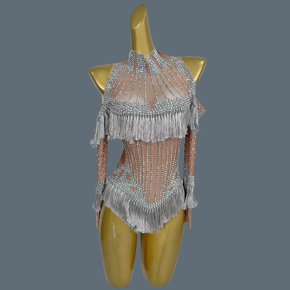 Strieborné kamienky Strieskové strapce dlhé rukávy z ramena pre ženy pre ženy Sexy Performance kostým Nočný klub Nočné nosenie yinliusu