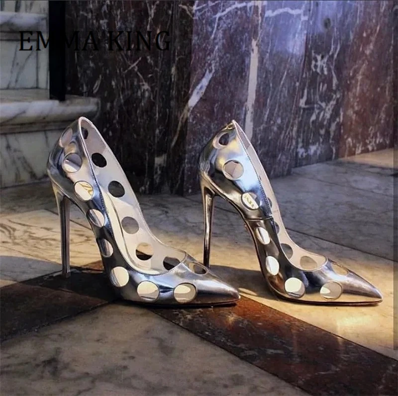 Strieborné špicaté čerpadlá pre ženy kruhové dutiny Out Even Päty 12 cm stiletto s vysokým podpätkom topánky dámske dámske topánky
