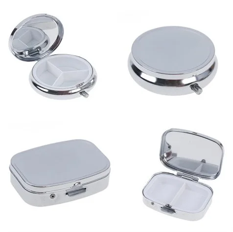 Strieborný kovový okrúhly obdĺžnik Pill Box Prenosný odolný držiak liečiva 2/3 Cell Capsule Box Storage Storage liek Tablet Cestovanie