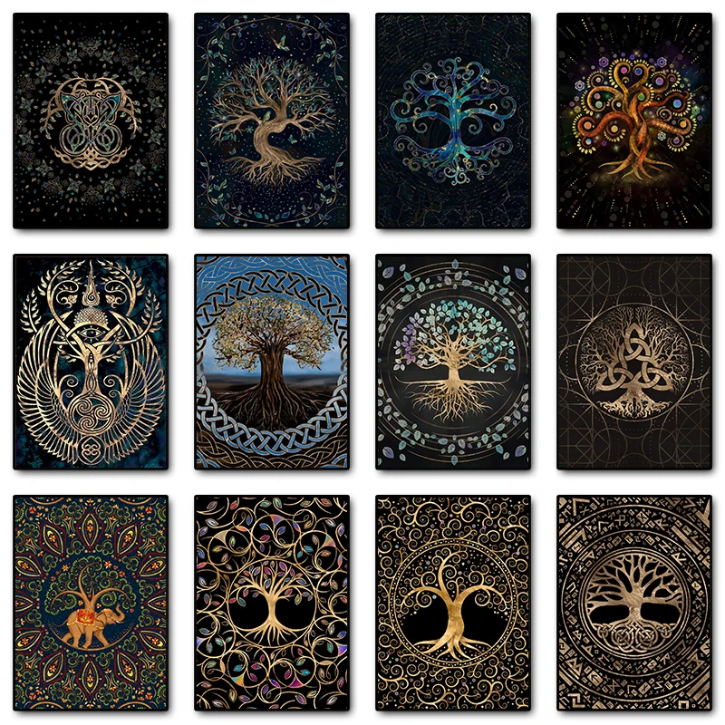 Strom života yggdrasil nástenné umenie plátno maľba tlač Vintage plagát Abstraktný strom strom stena